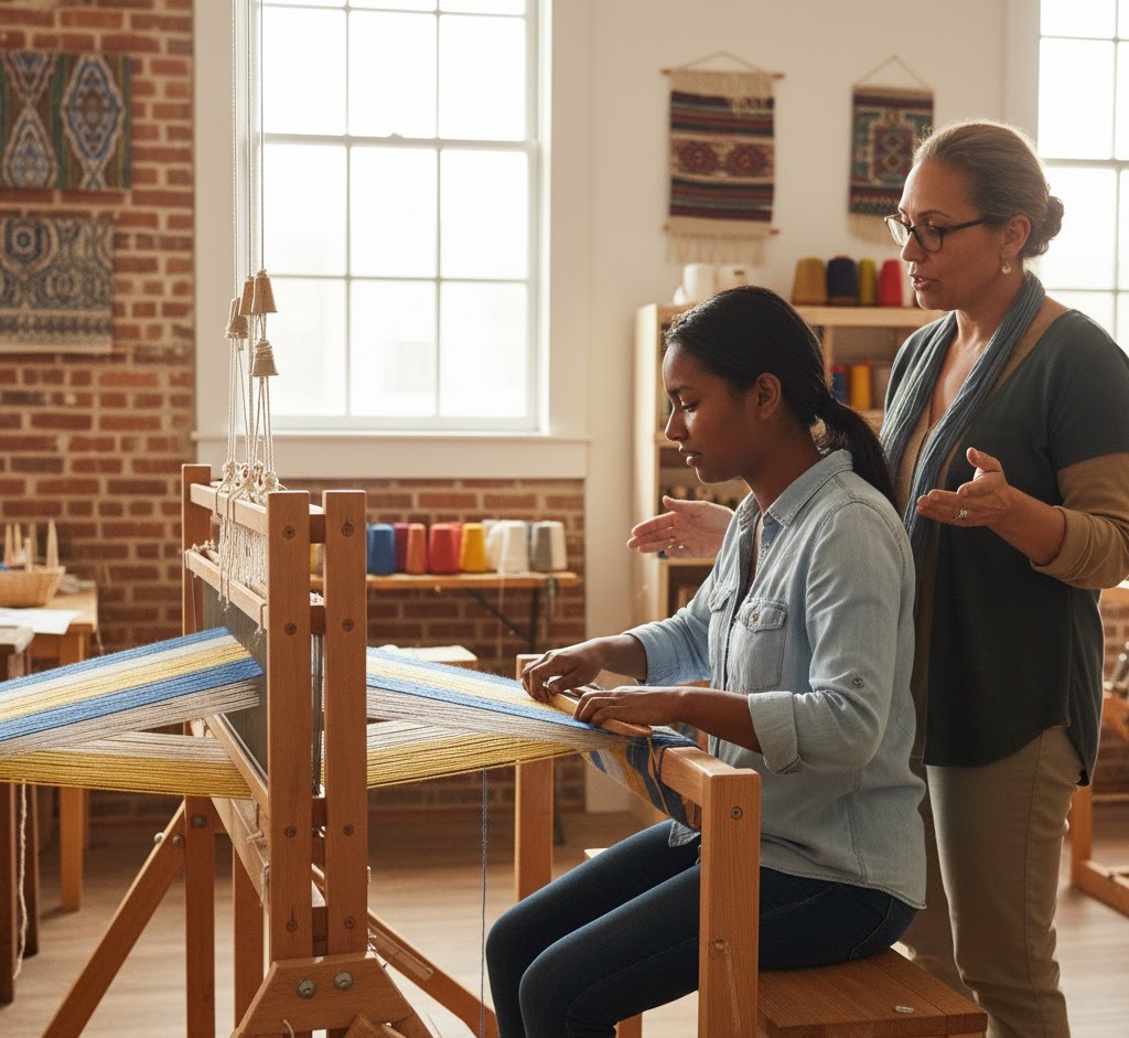 Student learning to operate a floor loom