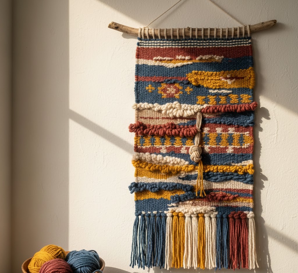 Handwoven wall hanging with natural colors