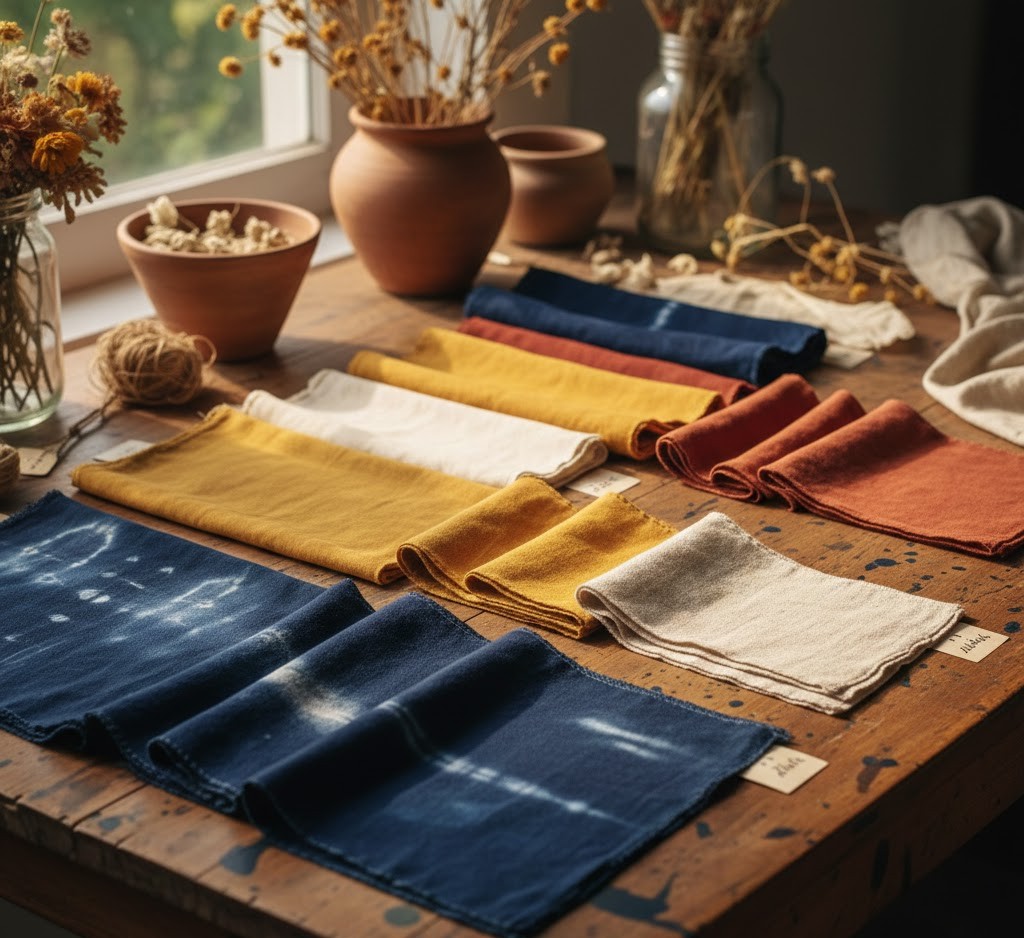 Naturally dyed fabric samples in various colors