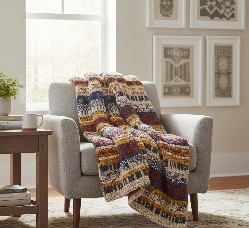 Handwoven throw blanket on furniture