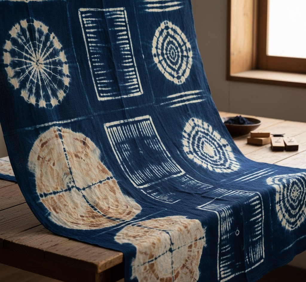 Shibori dyed fabric with intricate patterns