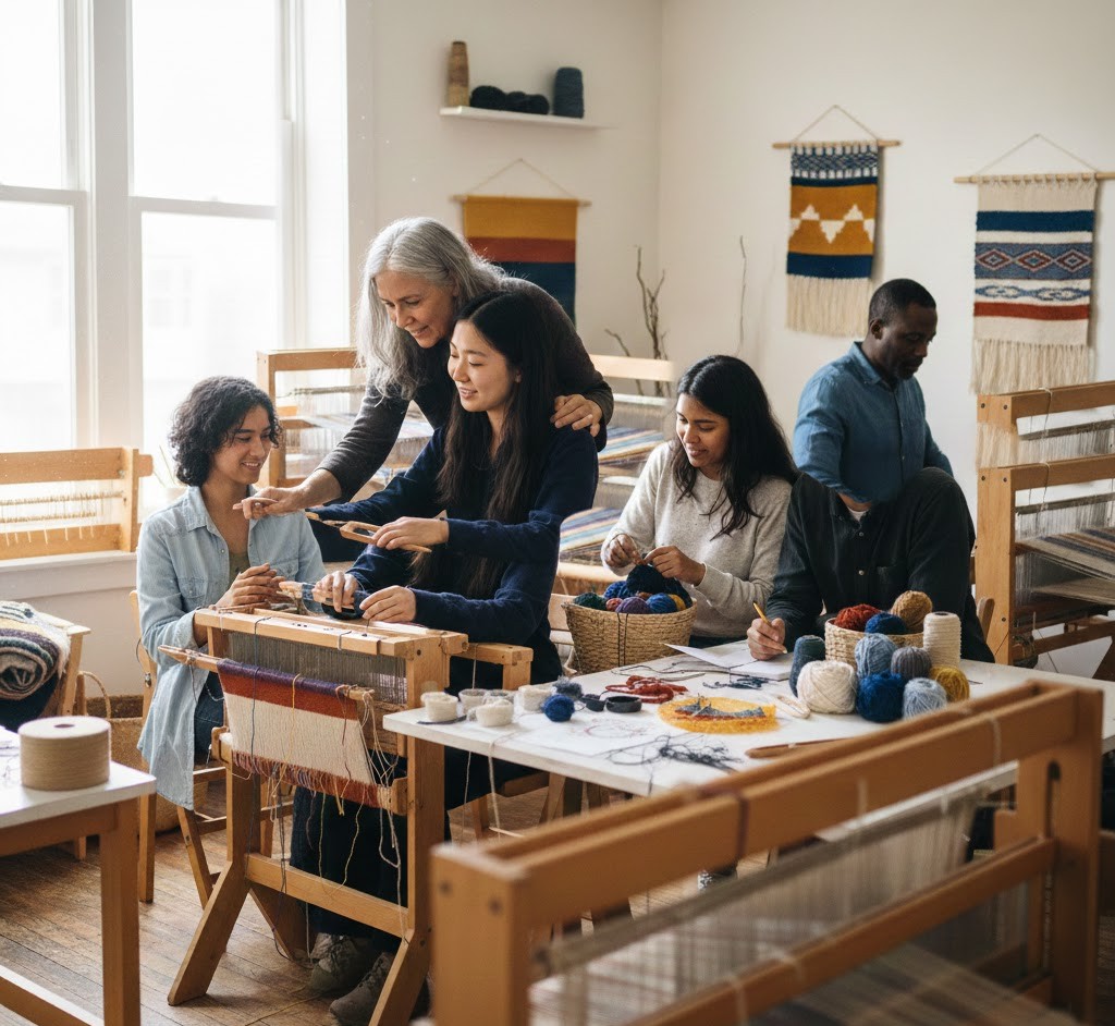 Student working on loom in studio